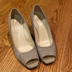 Bettye Muller fabric/tweed peep toe wedges